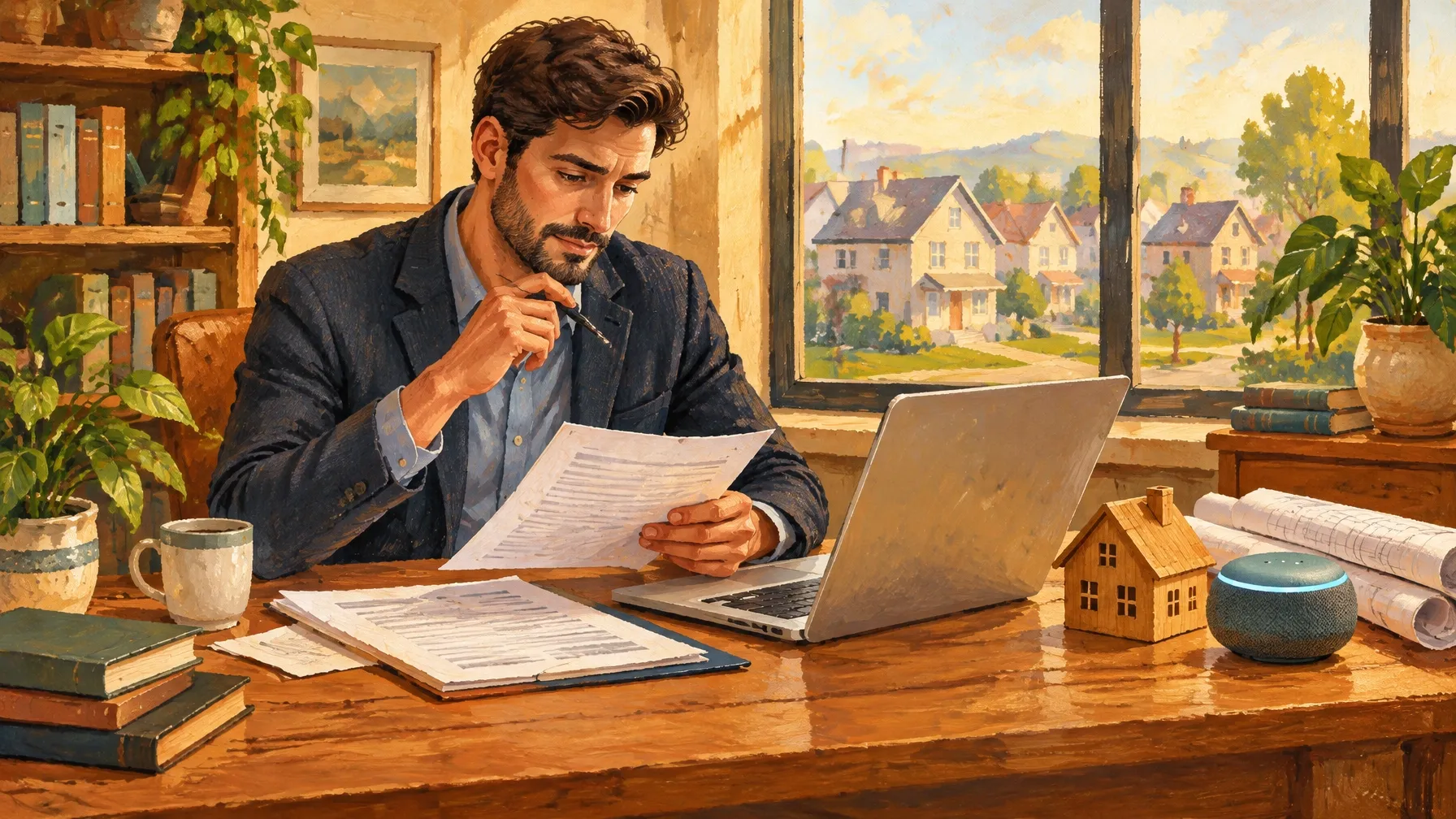 Illustrated real estate lending professional reviewing loan documents with an AI helper