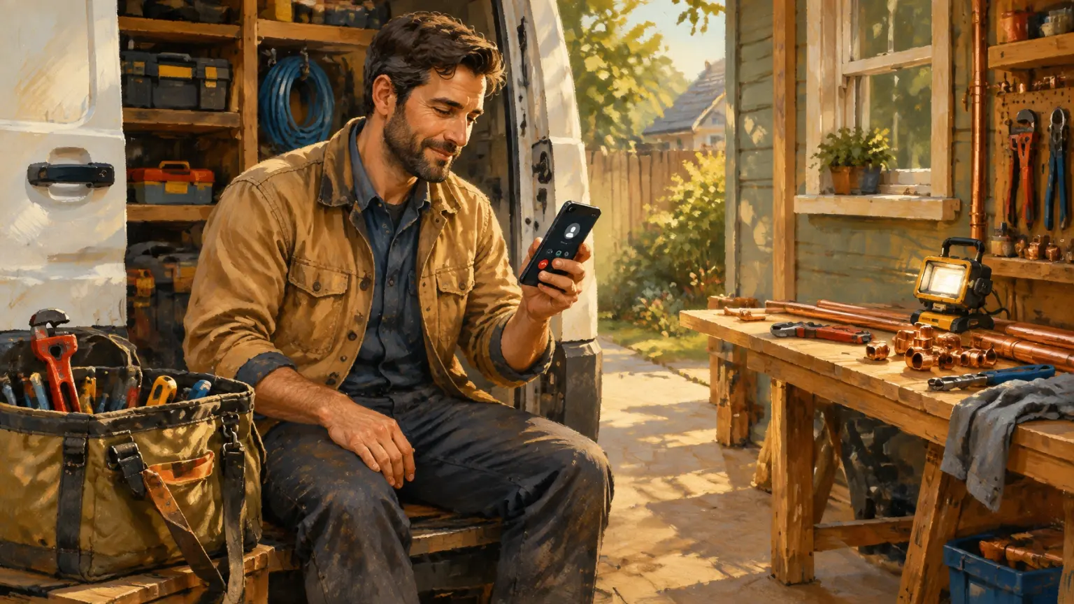 Illustrated plumber handling a call beside a service van, tool bag, and copper pipes